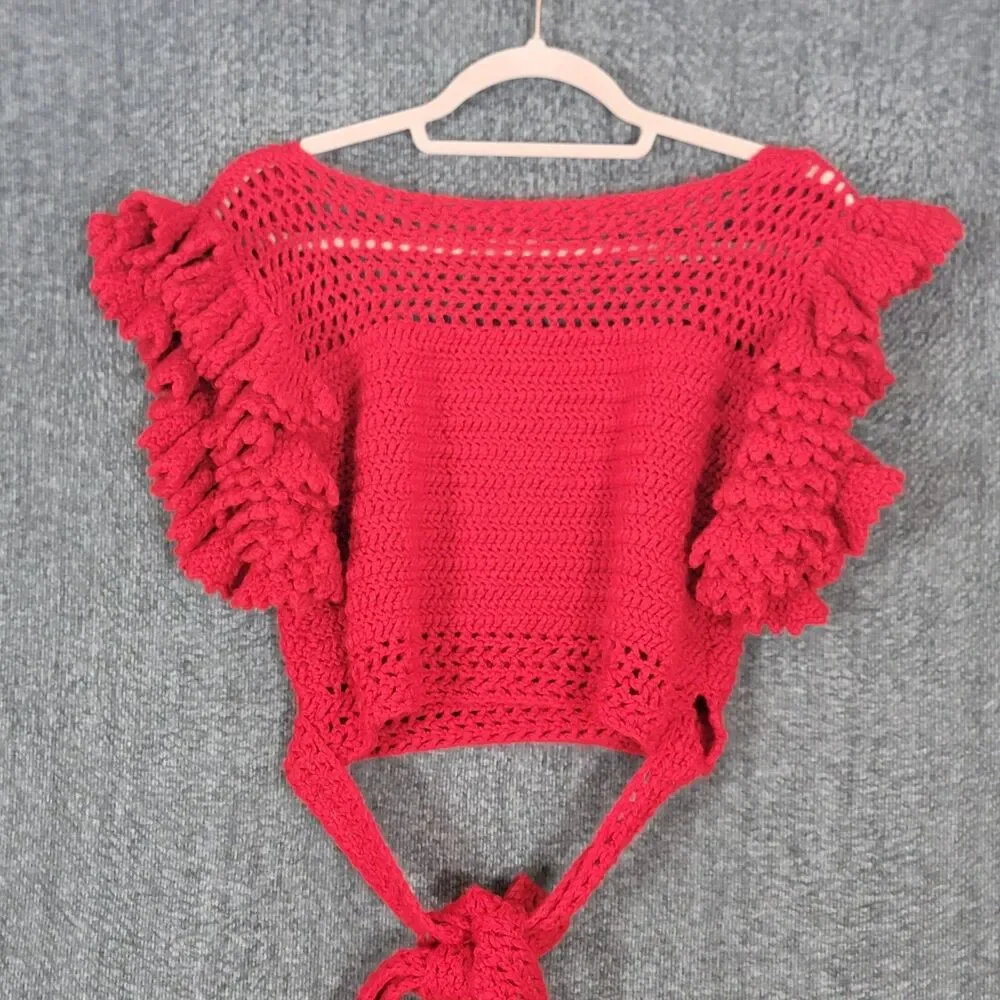 Handmade Crochet Knit Crop Top Womens S Red Short Ruffle Sleeve Wrap Tie Waist